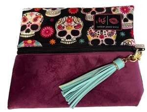 Makeup Junkie Bag Sugar Skull and Purple Velvet Cosmetic Pouch with Tassel